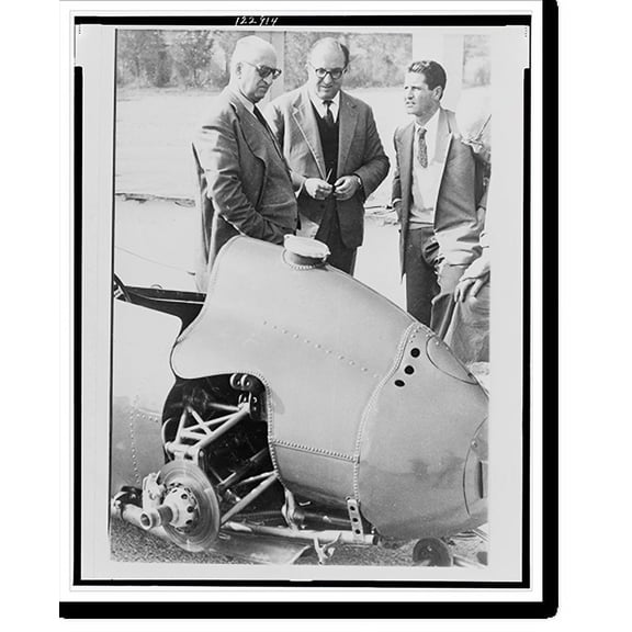 Historic Print, Enzo Ferrari left, founder and owner of the Ferrari Auto factories Modena, Italy, and technicians look over a 1959 racing car turned out by his workers, 18" x 24"