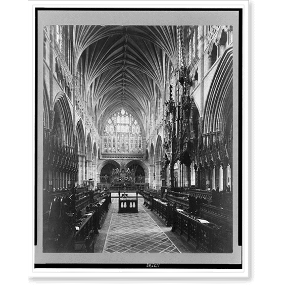 Historic Print, Exeter Cathedral. Choir looking east, 16" x 20"