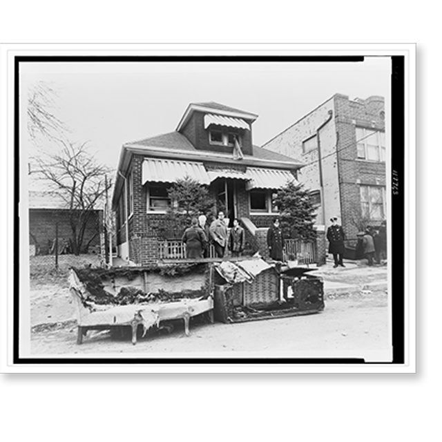 Historic Print, [Exterior view of home of Malcolm X, in foreground