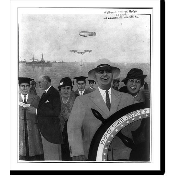 Historic Print, [F.D. Roosevelt at helm of Ship of State" - forward with Roosevelt"; Eleanor Roosevelt is beside him and ships and planes are in background. Prominent blacks?]", 18" x 24"
