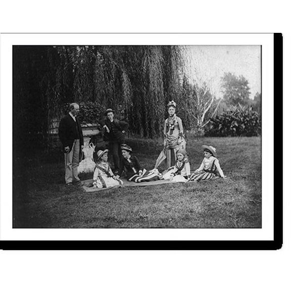 Historic Print, [Family group on lawn by weeping willow tree], 18" x 24"