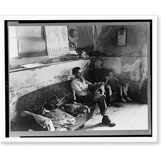 Historic Print, Faro Caudill and his daughter in their dugout home. There hasn't been any cash to buy furniture. Farm expenditures take all extra cash. Pie Town, New Mexico, 16" x 20"