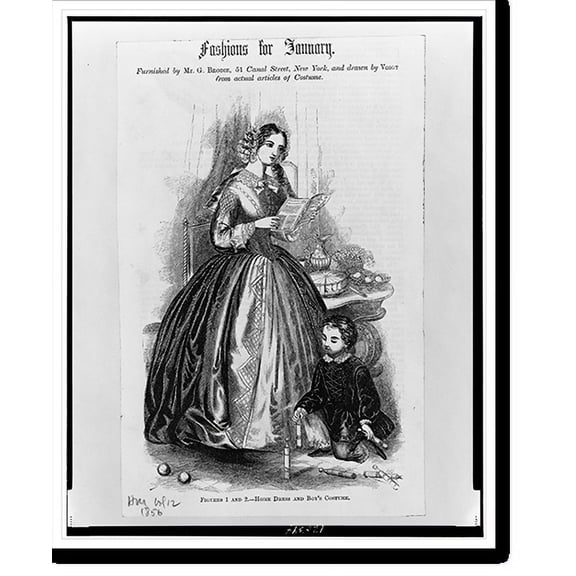 Historic Print, Fashions for January. Figures 1 and 2. Home dress and boy's costume.Voigt., 16" x 20"