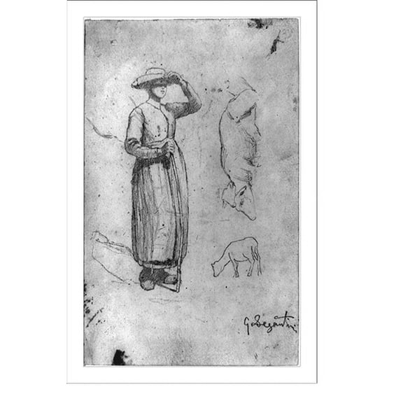 Historic Print, [Figure of a woman, and sketches of two cows or sheep].G. Segantini., 16" x 20"