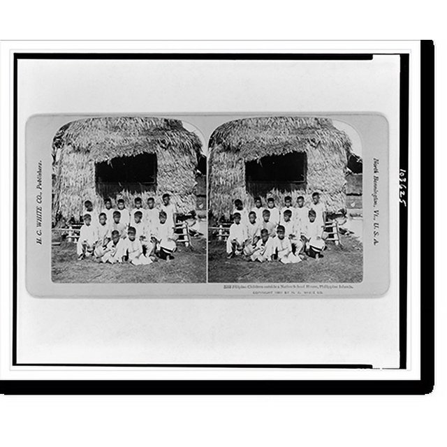 Historic Print, Filipino children outside a native school house