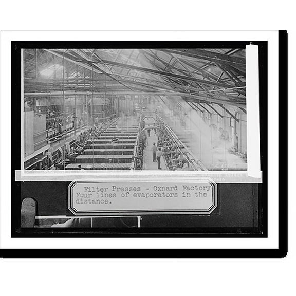 Historic Print, Filter presses, Oxnard, [California], factory, four lines of evaporators in the distance, 16" x 20"