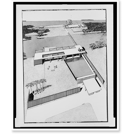 Historic Print, [Finney guest house, Siesta Key, Florida (project). Bird's-eye view rendering].Rudolph 47., 16" x 20"