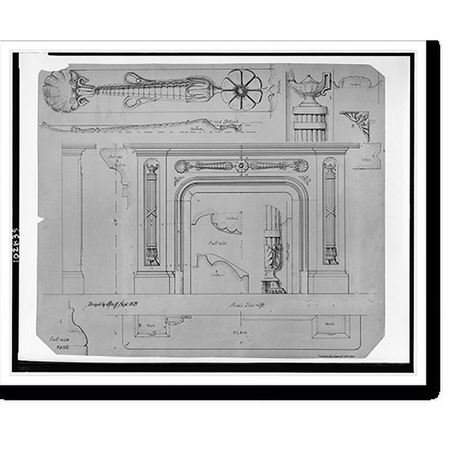 Historic Print, [Fireplace mantel. Elevations, plan sections and full