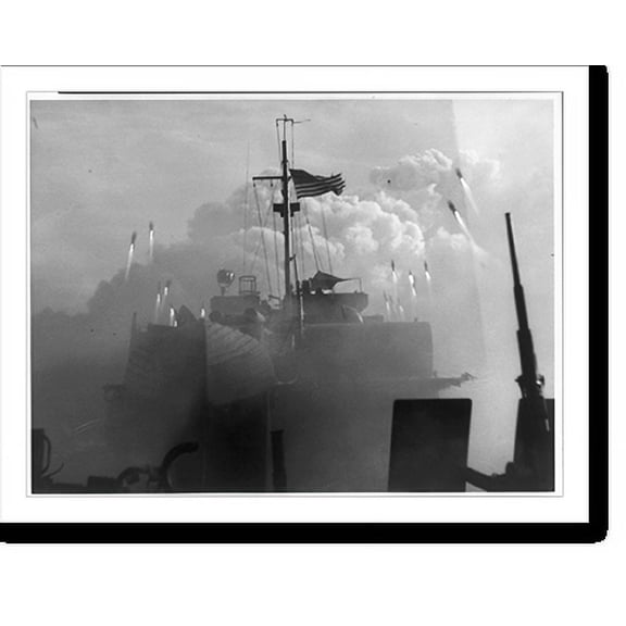 Historic Print, Firing rockets on Balikpapan beach, Borneo, making two runs. 20,000 rockets were fired by units of the 7th Fleet preceding landing by Australian forces F-Day, 18" x 24"