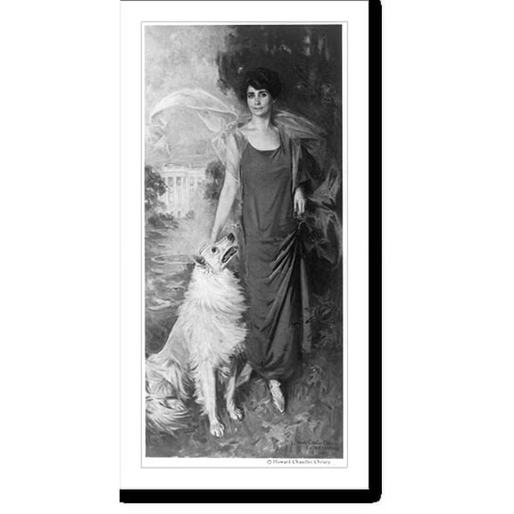 Historic Print, [First Lady Grace Goodhue Coolidge, full-length portrait, facing front, with dog, White House in the distant background], 16" x 20"