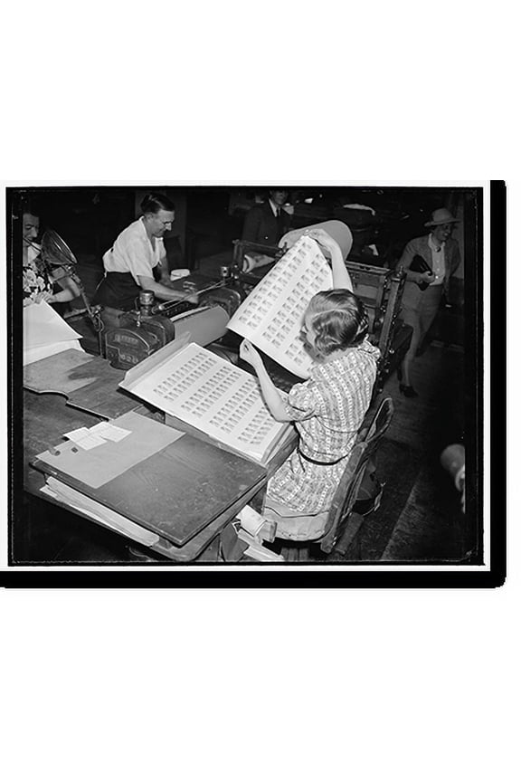 Historic Print, First printing of food stamps. Washington, D.C., April 20. Food stamps, the latest in the administration's plans to reduce the farm surplus, came off the presses today a…16" x 20"