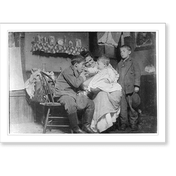 Historic Print, Flash light photo of John Sousa, his mother and some brothers and sisters. John is sitting. Crowded, dirty home. Location: New Bedford, Massachusetts., 16" x 20"