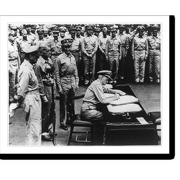 Historic Print, Fleet Adm. Chester W. Nimitz signing surrender document on board the USS MISSOURI (BB-63), at left are Gen. Douglas MacArthur, Adm. Willima F. Halsey, and R. Adm. Forres…16" x 20"