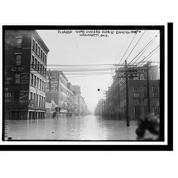 Historic Print, Flooded warehouse Elm St. looking north, Cinncinnati, Ohio, 16" x 20"
