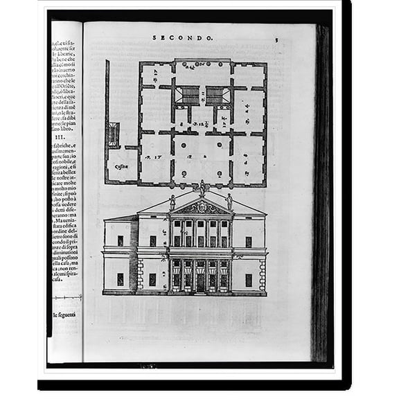 Historic Print, [Floor plan and elevation of a classical style house], 18" x 24"