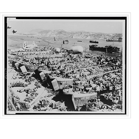 Historic Print, [Flotilla of ships in southern Italian port being loaded with supplies prior to assault on the southern coast of France, as barrage balloons hover above], 16" x 20"
