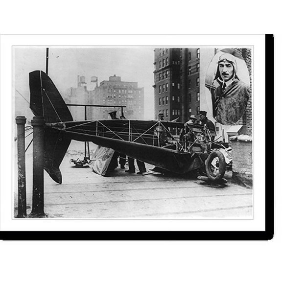 Historic Print, Fly-it-yorself plane crases in heart of New York City at noon - pilot killed as passenger leaps to safety in 'chute, 18" x 24"