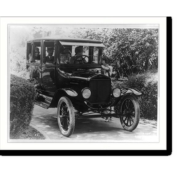 Historic Print, [Ford 4-door sedan, front view, with four passengers and a woman driver, another woman standing beside automobile talking to the driver], 16" x 20"