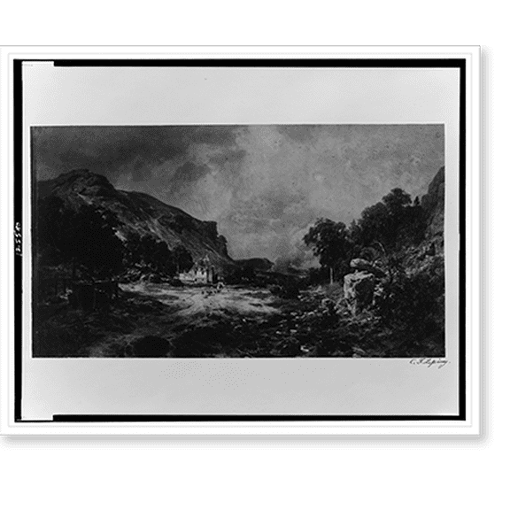 Historic Print, [Forest landscape with brook, mountain and ruins of building], 18" x 24"