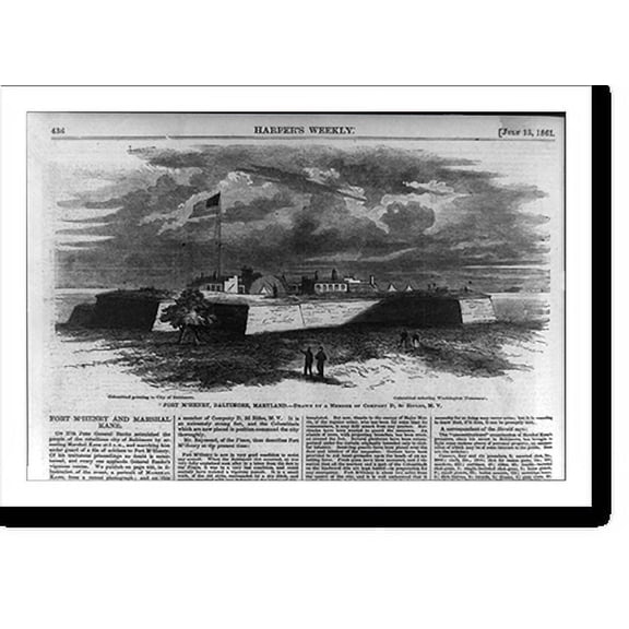 Historic Print, Fort McHenry, Baltimore, Maryland. Columbiad [cannon] pointing to city of Baltimore. Columbiad covering Washington Monument, 16" x 20"