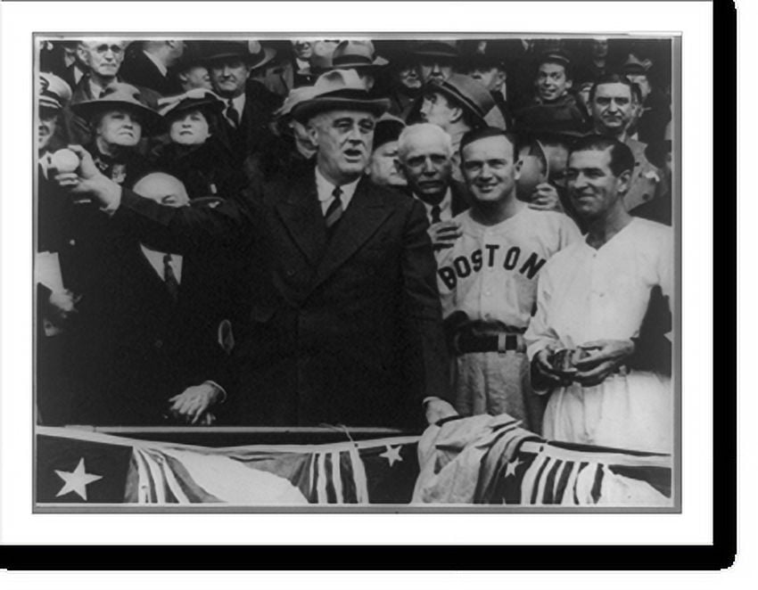 Historic Print, [Franklin Roosevelt ready to throw baseball from stands