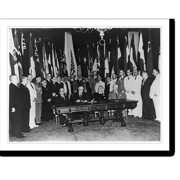 Historic Print, Franklin Roosevelt signing a document, surrounded by international dignitaries, 16" x 20"