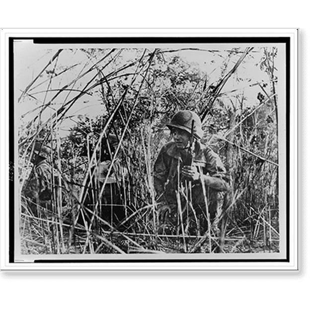 Historic Print, [French soldiers on patrol crouched in thicket outside
