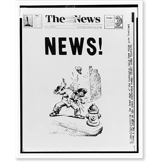 Historic Print, [Front page of The Washington Daily News, Feb. 24, 1949, with cartoon of President Truman biting dog before it gets to fire hydrant], 18" x 24"