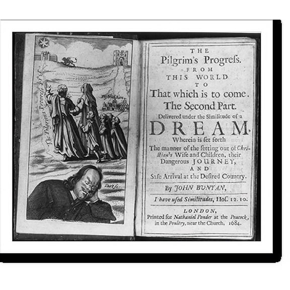 Historic Print, [Frontis. and title page from The Pilgrim's Progress...by John Bunyan; frontis. shows author dreaming and pilgrims progressing], 16" x 20"