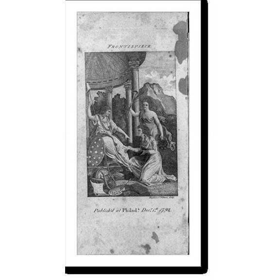 Historic Print, The Genius of the Ladies Magazine, accompanied by the Genius of Emulation, who carries in her hand a laurel crown, approaches Liberty, and kneeeling, presents her with a…16" x 20"