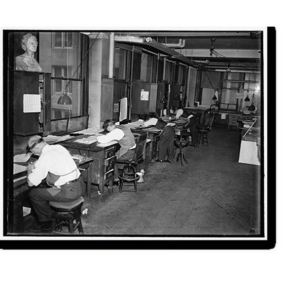 Historic Print, Geological Survey. Washington, D.C., Mar. 13. Lithographic draftsmen correcting the printing plates at the Dept. of Interior Geological Survey Section, 16" x 20"