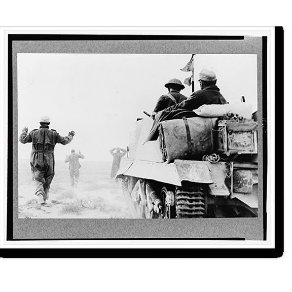 Historic Print, German Infantry surrendering to men of New Zealand Bren carrier unit. A wounded prisoner can be seen riding in the back of the carrier, Jan, 1942, 18" x 24"