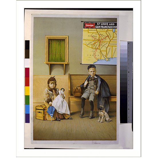 Historic Print, [Girl holding doll and boy with dog in waiting room at railroad station].The Strobridge Litho Co., Cincinnati, O. U.S.A. - 2, 16" x 20"