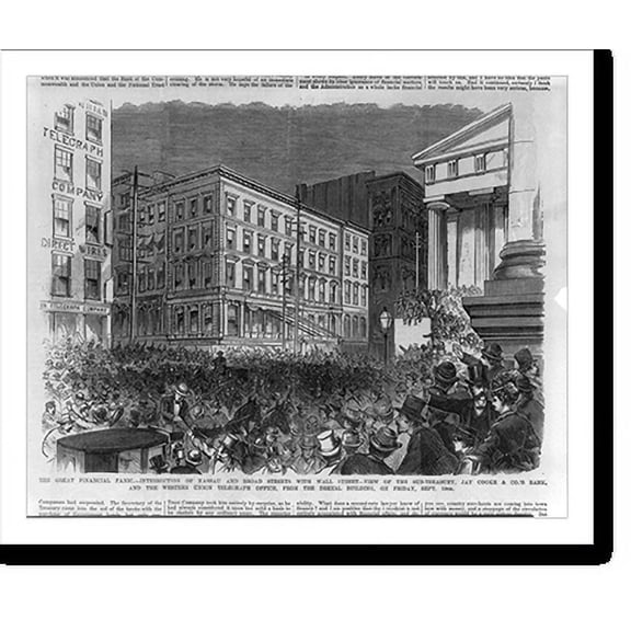 Historic Print, The Great Financial Panic - Intersection of Nassau and Broad Streets with Wall Street - View of the sub-treasury. on Friday Sept. 19th, 16" x 20"