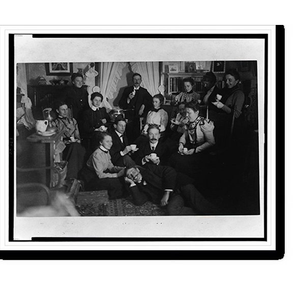 Historic Print, [Group portrait of friends at social gathering, seated and standing with tea cups, in domestic setting], 16" x 20"