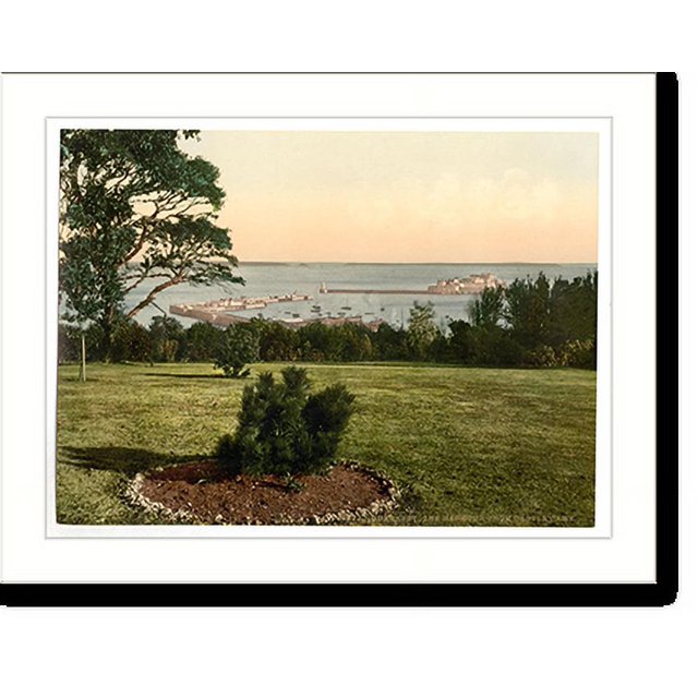 Historic Print, Guernsey the harbor from Castle Cary Channel Islands
