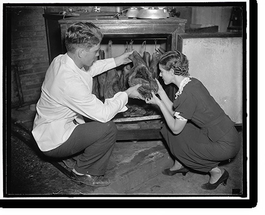 Historic Print, Hams. 5. The finished products. Miss Ruby Brenahan is