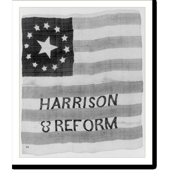 Historic Print, Harrison & reform - campaign (poster?) of flag with 7 white stripes, 6 white stripes and 13 stars, 16" x 20"