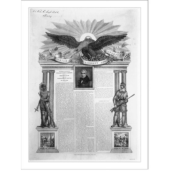 Historic Print, Harrison, union, liberty, and independence.designed, written & published by B.O. Tyler, Albany, N.Y., 16" x 20"