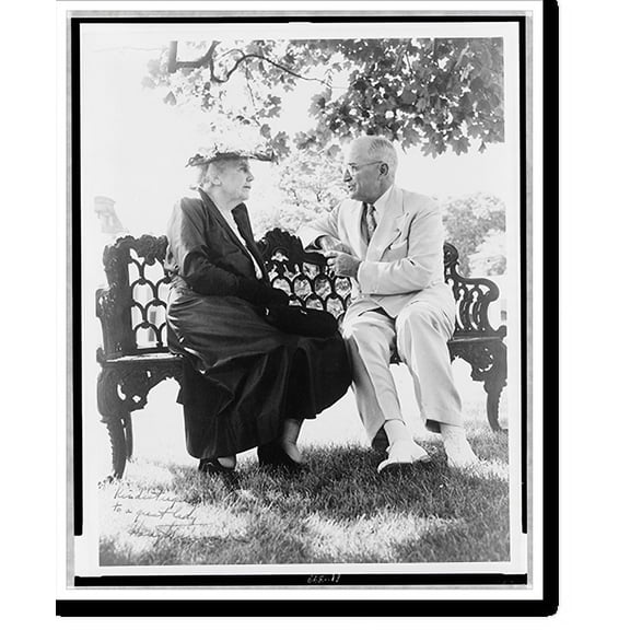 Historic Print, [Harry S. Truman and Edith Bolling Galt Wilson, full-length portrait, seated on outdoor bench, facing each other], 18" x 24"