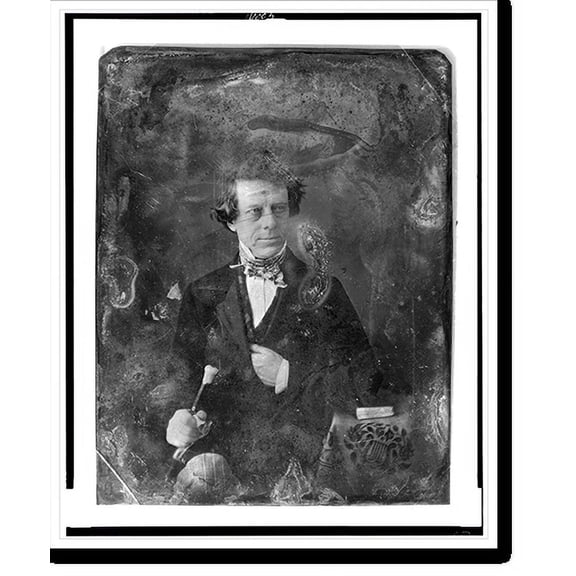 Historic Print, [Henry Inman with walking stick, half-length portrait, facing three-quarters to the right, seated, with a book on a small table covered with a tablecloth showing lyre or16" x 20"