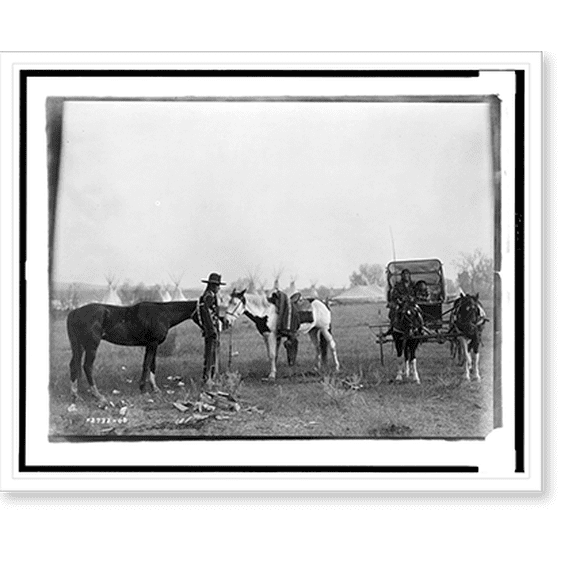 Historic Print, [High Medicine Rock, Crow Indian with two horses at left, Her Horse Kills with child in buggy at right, tepees and circus type tent in background, Montana], 16" x 20"