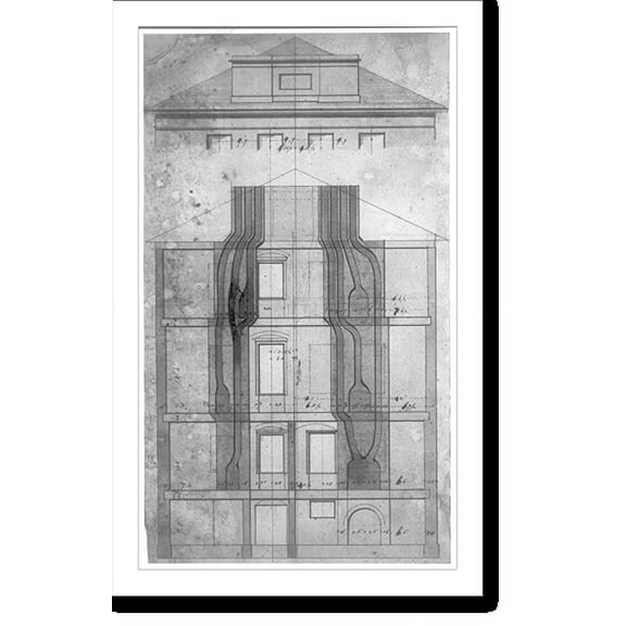 Historic Print, [House (Decatur House") for Commodore Stephen Decatur, 748 Jackson Place, N.W., Washington, D.C. Roof elevation, flue diagram, and parapet]", 18" x 24"