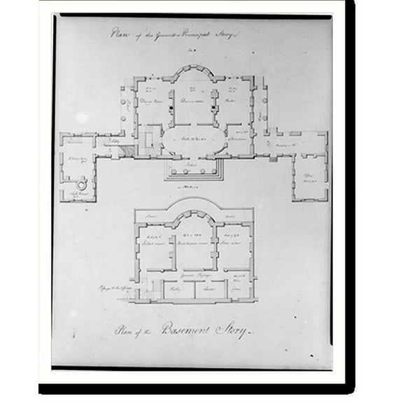 Historic Print, [Houses and a church (Buildings Erected or Proposed to be Built in Virginia"). Basement and principle story floor plan]", 18" x 24"