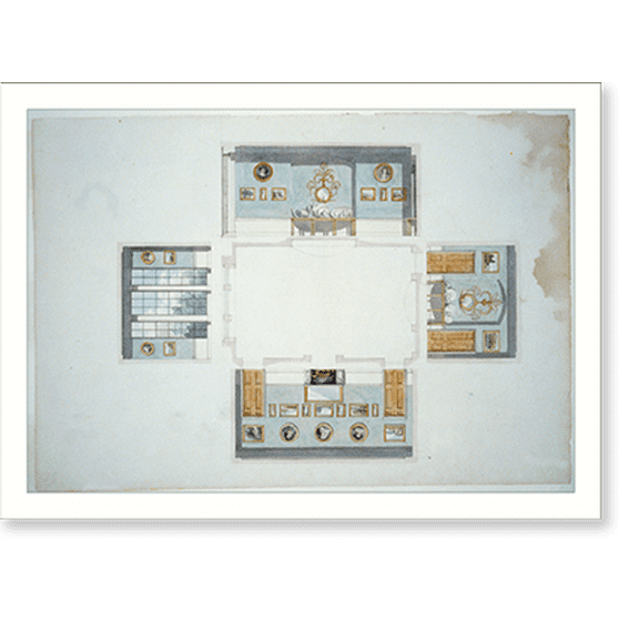Historic Print, [Houses and a church (Buildings Erected or Proposed to be Built in Virginia"). Dining room plan with elevations]" - 2, 18" x 24"