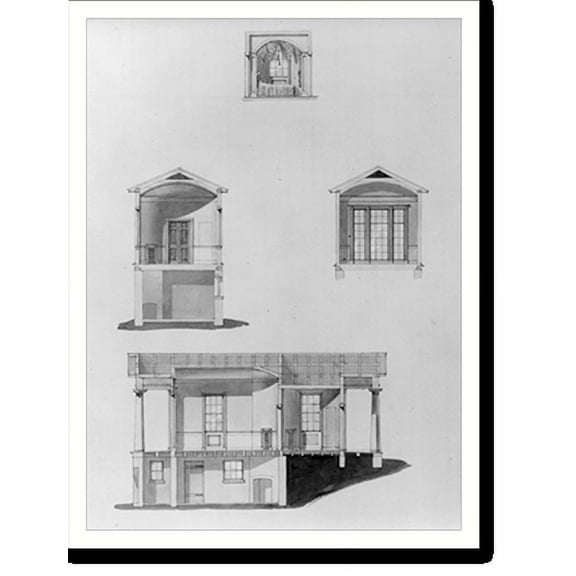 Historic Print, [Houses and a church (Buildings Erected or Proposed to be Built in Virginia"). Lodge - Sections showing interior elevation]", 16" x 20"