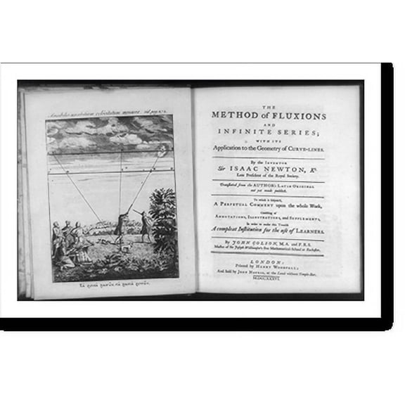 Historic Print, [Hunter shooting at birds in flight with lines indicating how the calculus method makes analysis of movement possible, mathematicians conversing at left, and title page], 16" x 20"