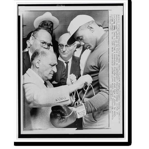 Historic Print, [Illinois Boxing Commission inspector Art Winch (left) ties gloves on Sonny Liston at training camp], 18" x 24"