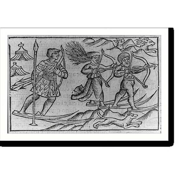 Historic Print, [Illustration of activities of Lapps and Finns: Men and women hunting with bows and arrows on snowshoes; women hunt...as nimbly...or more than men"]", 18" x 24"