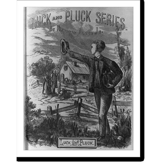Historic Print, [Illustrations from Horatio Alger books: Luck and Pluck Series" - title page showing boy leaving farm, waving to parents]", 16" x 20"